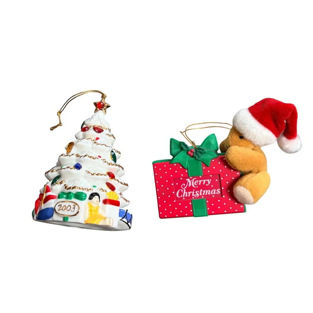 Vintage 2003 Ceramic White Christmas Tree & Plush Bear Gift Box Ornament Set